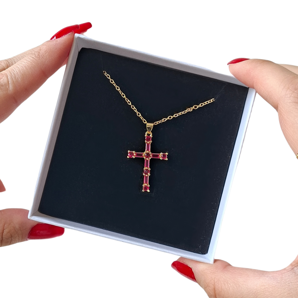 Gems Cross Necklace in Fuchsia