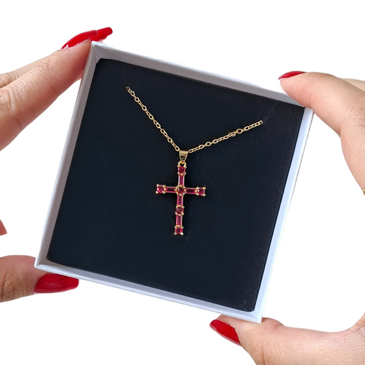 Gems Cross Necklace in Fuchsia