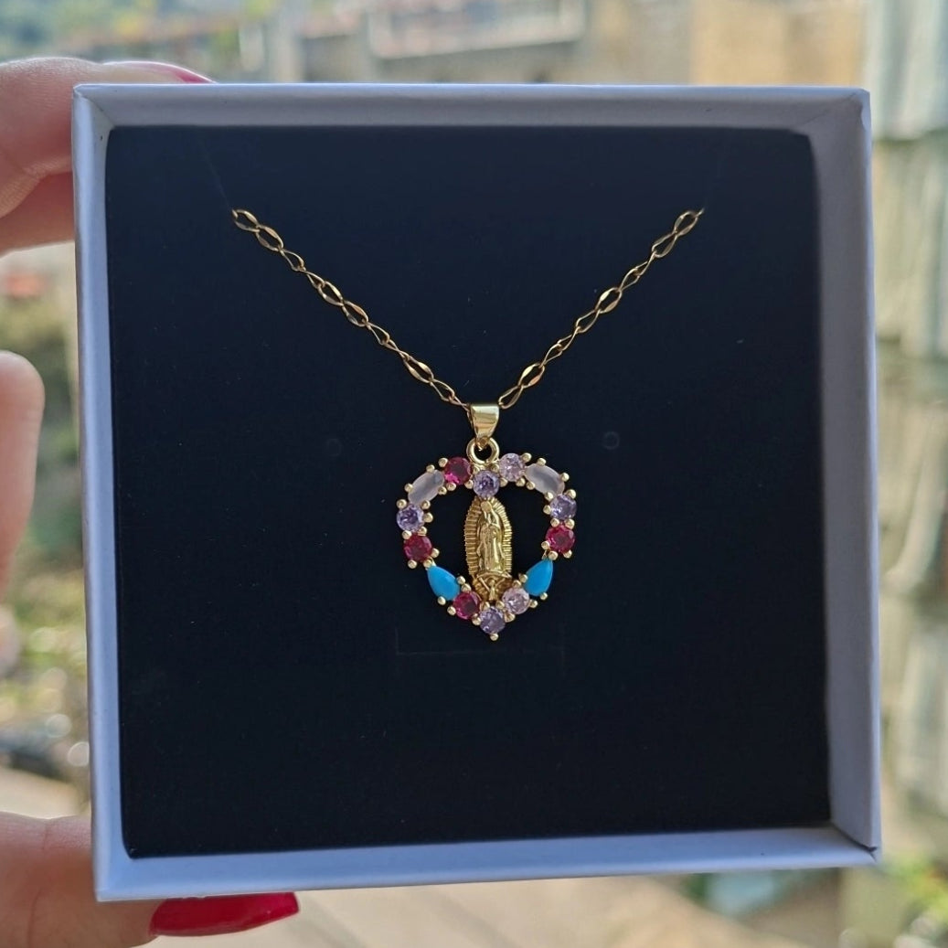 Virgin Mary Heart Gems Necklace