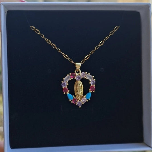 Virgin Mary Heart Gems Necklace