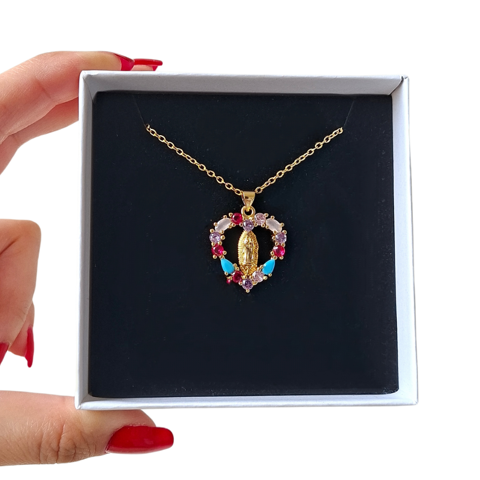 Virgin Mary Colored Heart Necklace