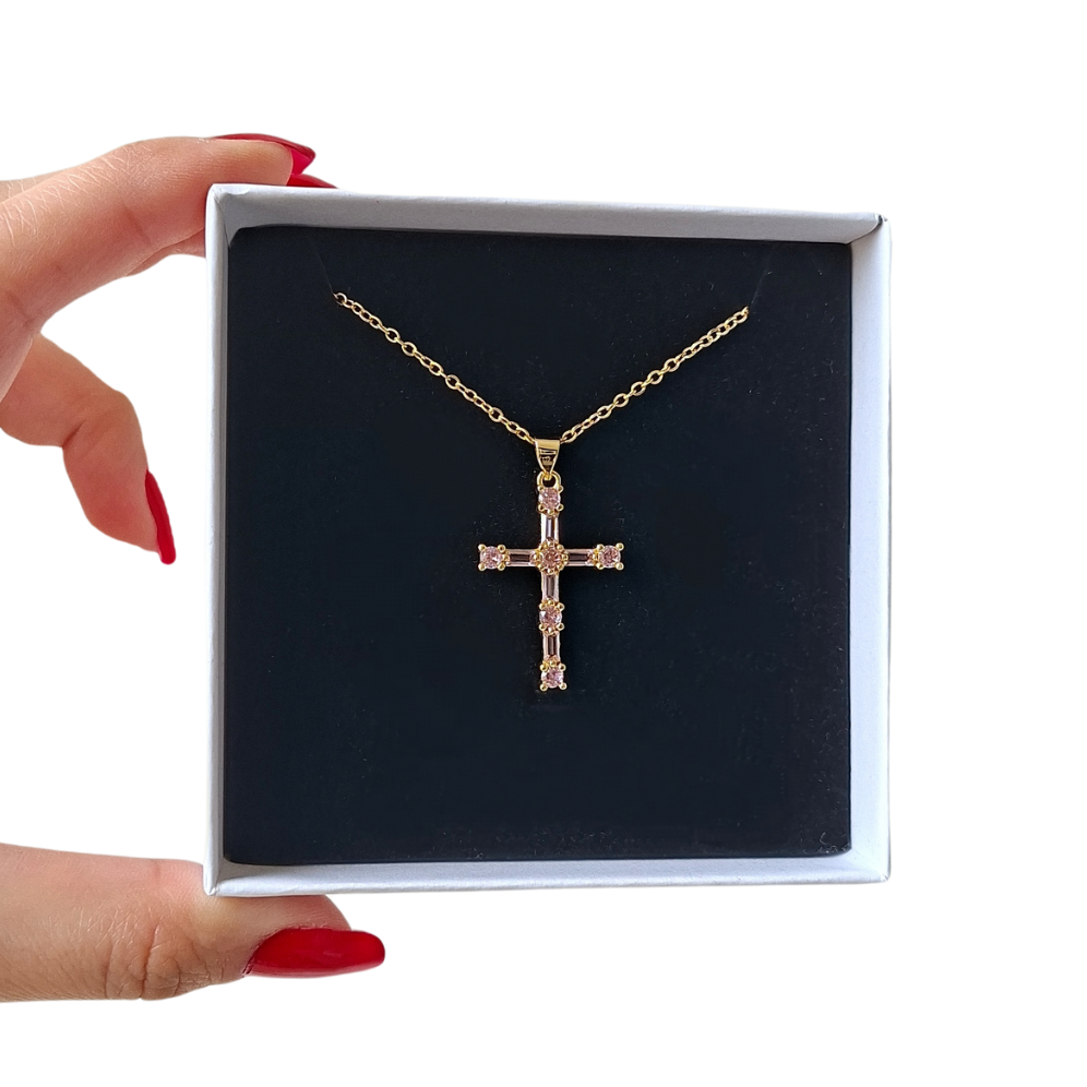 Gems Cross Necklace in Pink